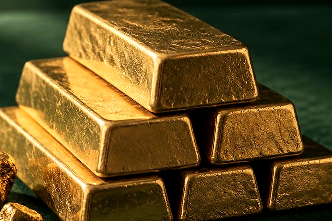 Stacked gold bars with raw nuggets