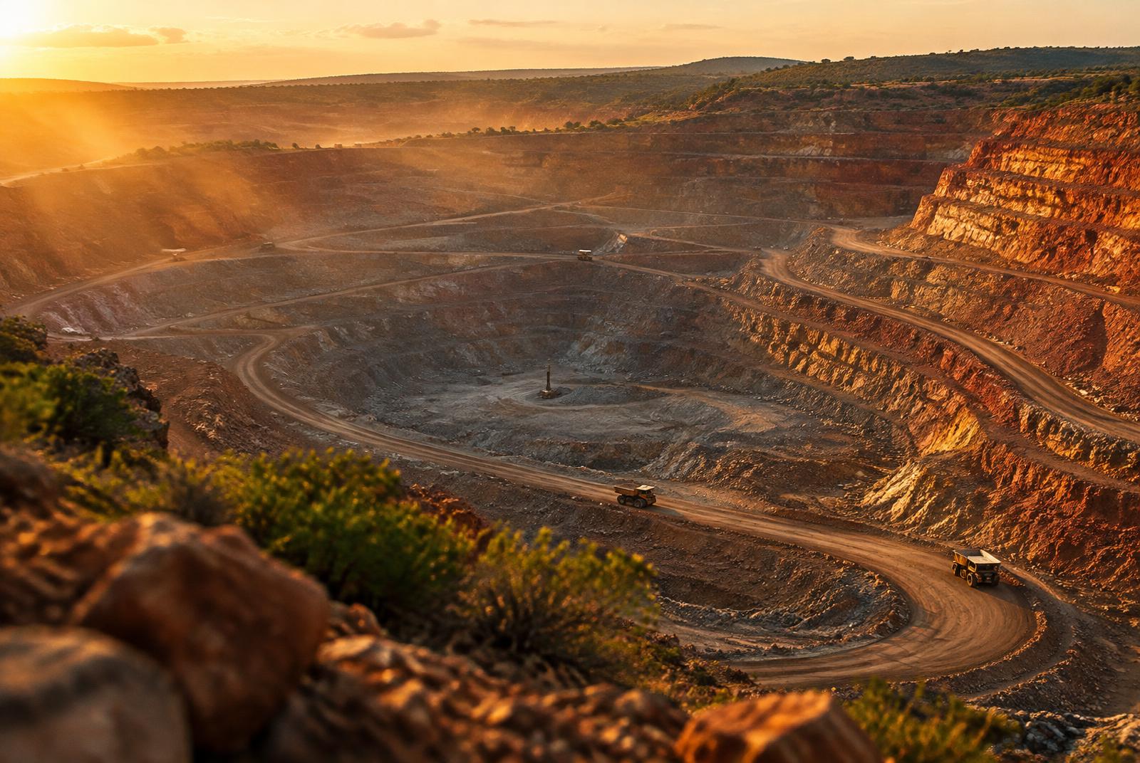 Terraced open-pit gold mine with haul trucks on engineered ramps